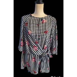 Lane Bryant Black Check & Floral Side Tie Polyester Peplum Long Top 18 NWT